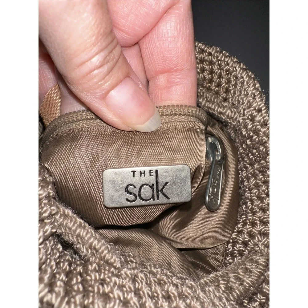 The Sak  Small Crocheted Bucket Purse Drawstring Backpack Boho Bag Beige